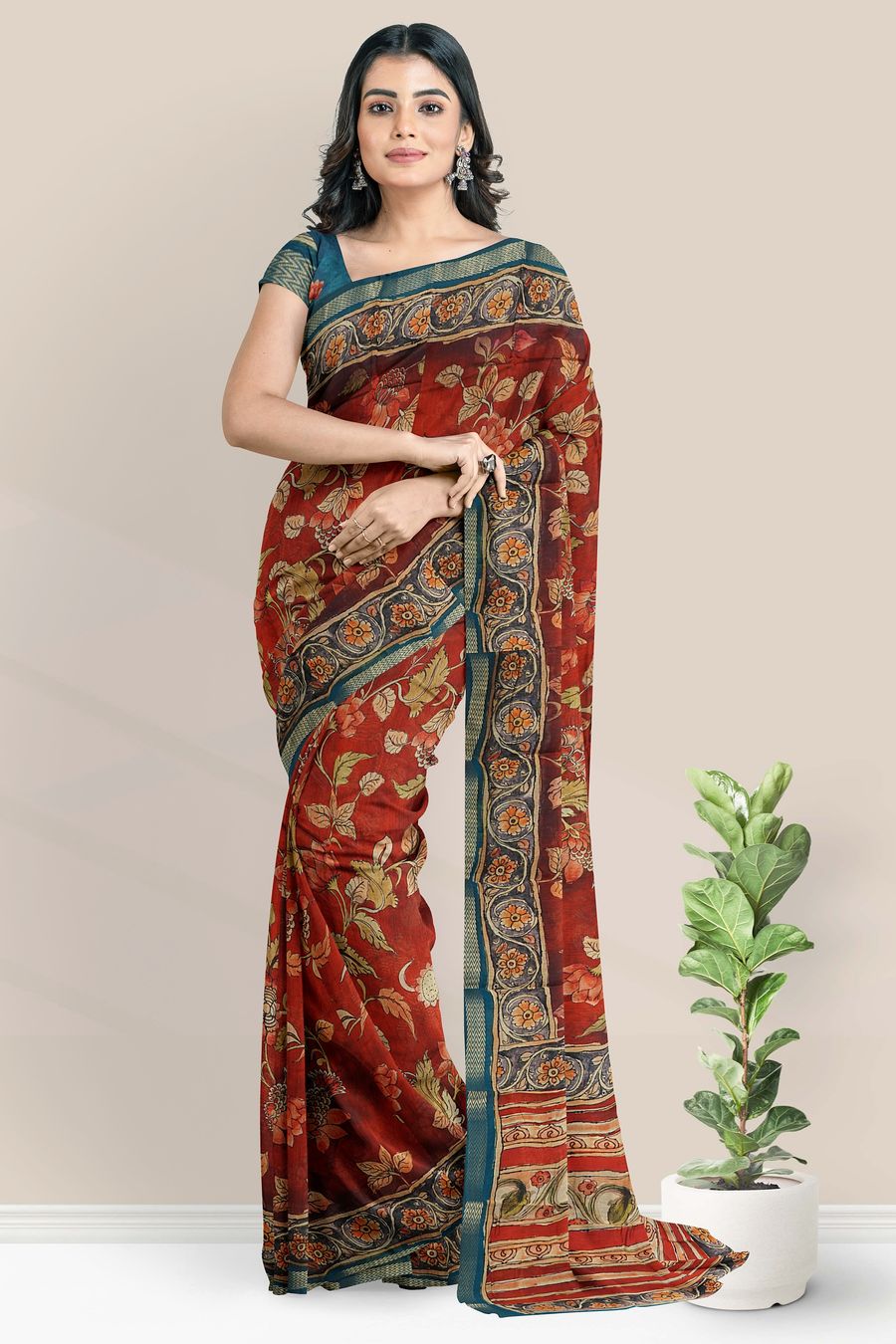 Maheswari Silk Floral Kalamkari Print Maroon And Green Saree