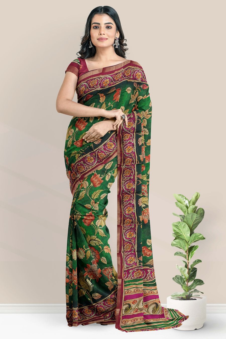 Maheswari Silk Floral Kalamkari Print Dark Green And Magenta Pink Saree