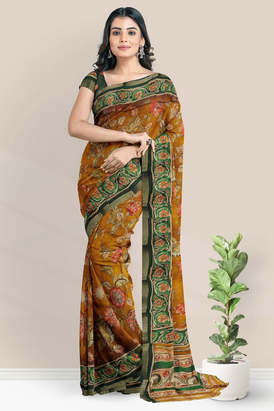Maheswari Silk Floral Kalamkari Print Musturd Yellow And Green Saree