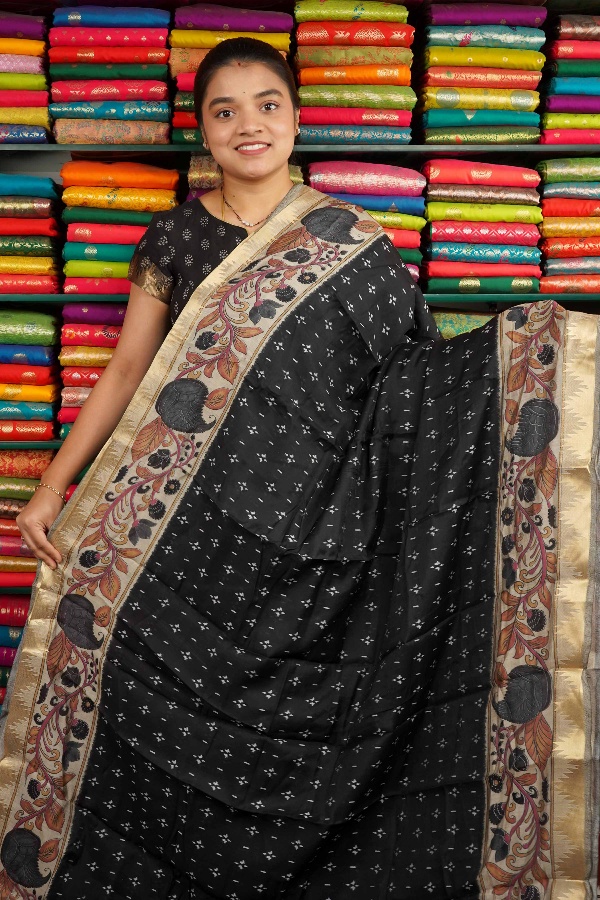 Soft Mangalagiri Silk Kalamkari Border Black Saree