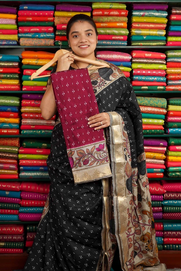 Soft Mangalagiri Silk Kalamkari Border Wine Saree