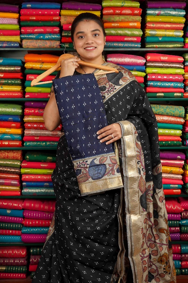 Soft Mangalagiri Silk Kalamkari Border Dark Blue Saree