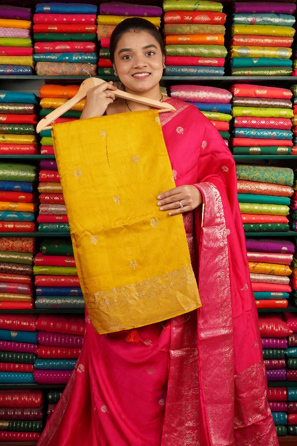 Mashru Silk Flower Butti Yellow And Red Saree