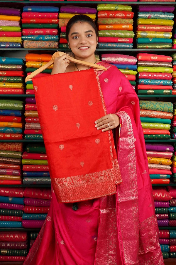 Mashru Silk Flower Butti Red And Green Saree