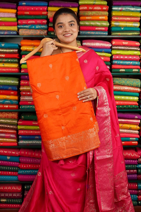 Mashru Silk Flower Butti Orange And Pink Saree
