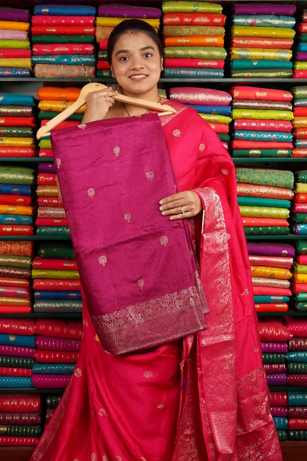 Mashru Silk Flower Butti Wine And Yellow Saree