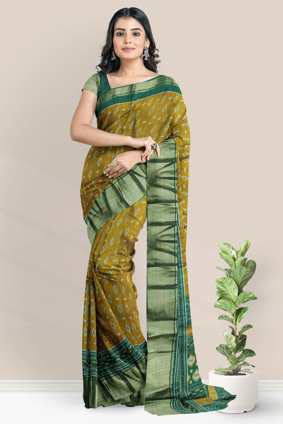 Fancy Patola Silk Patola Print Dark Mustard Yellow With Dark Green Saree