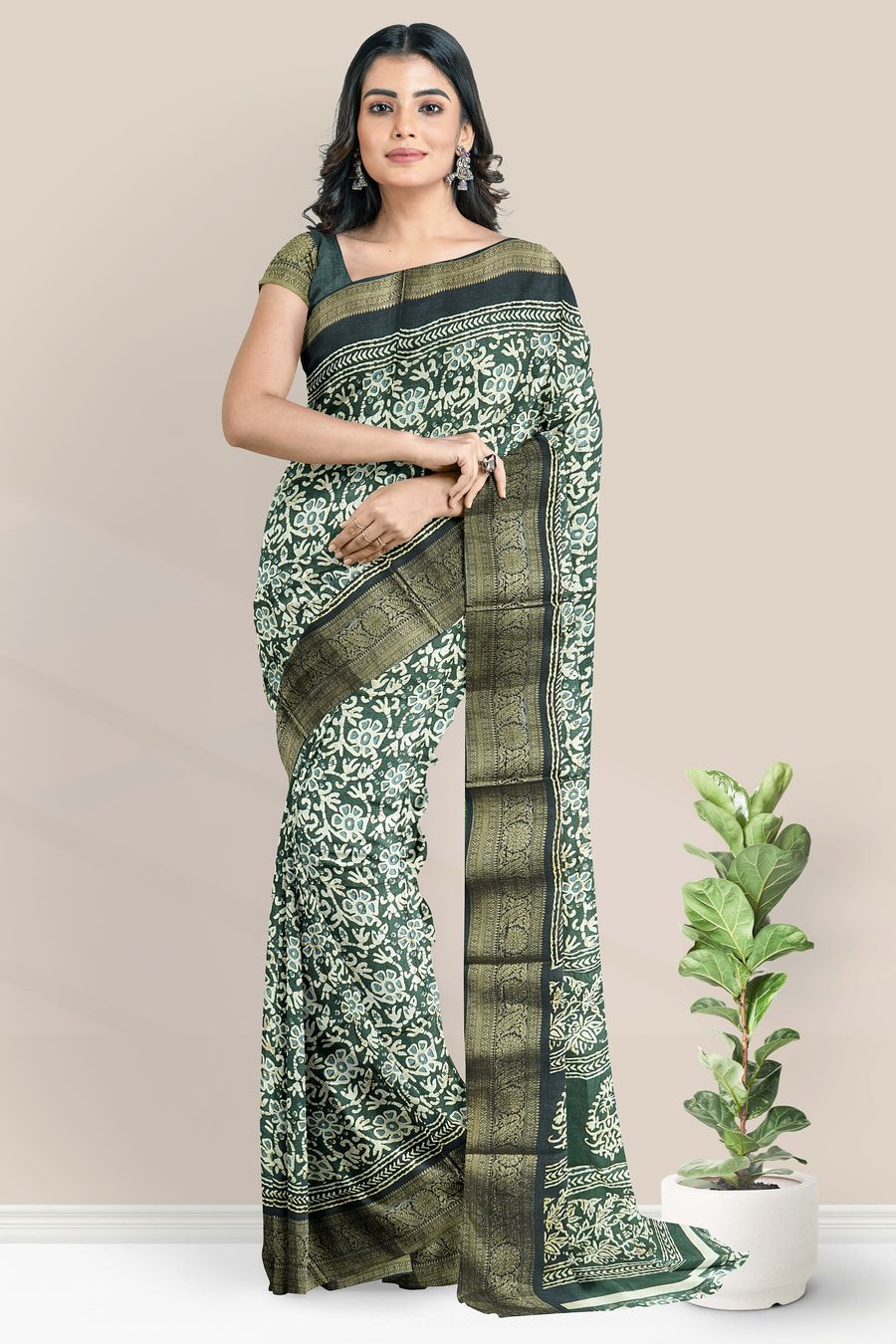 Soft Crushed Silk Batik Print Green With Black Saree