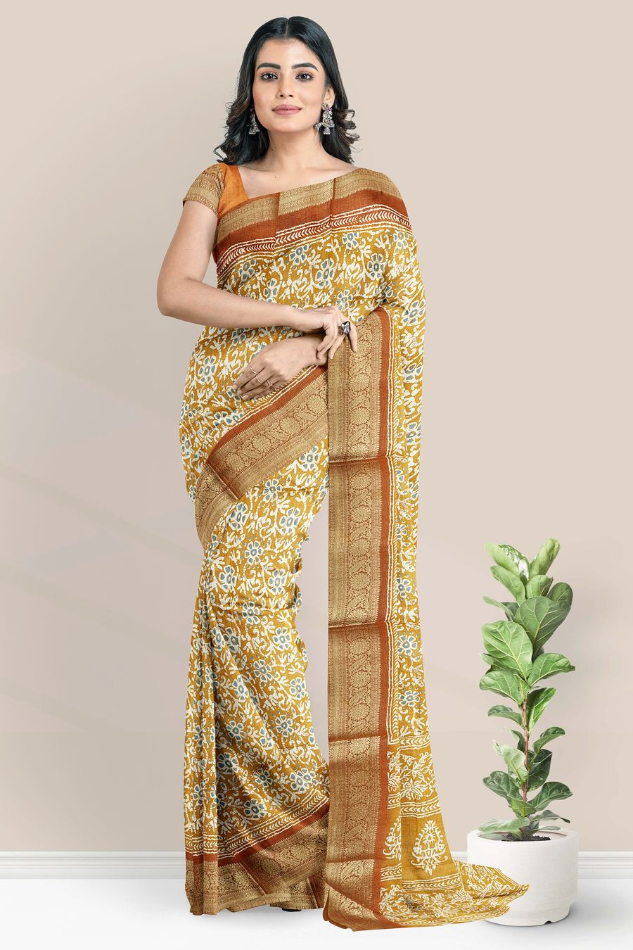 Soft Crushed Silk Batik Print Mustard Yellow with Brown Saree
