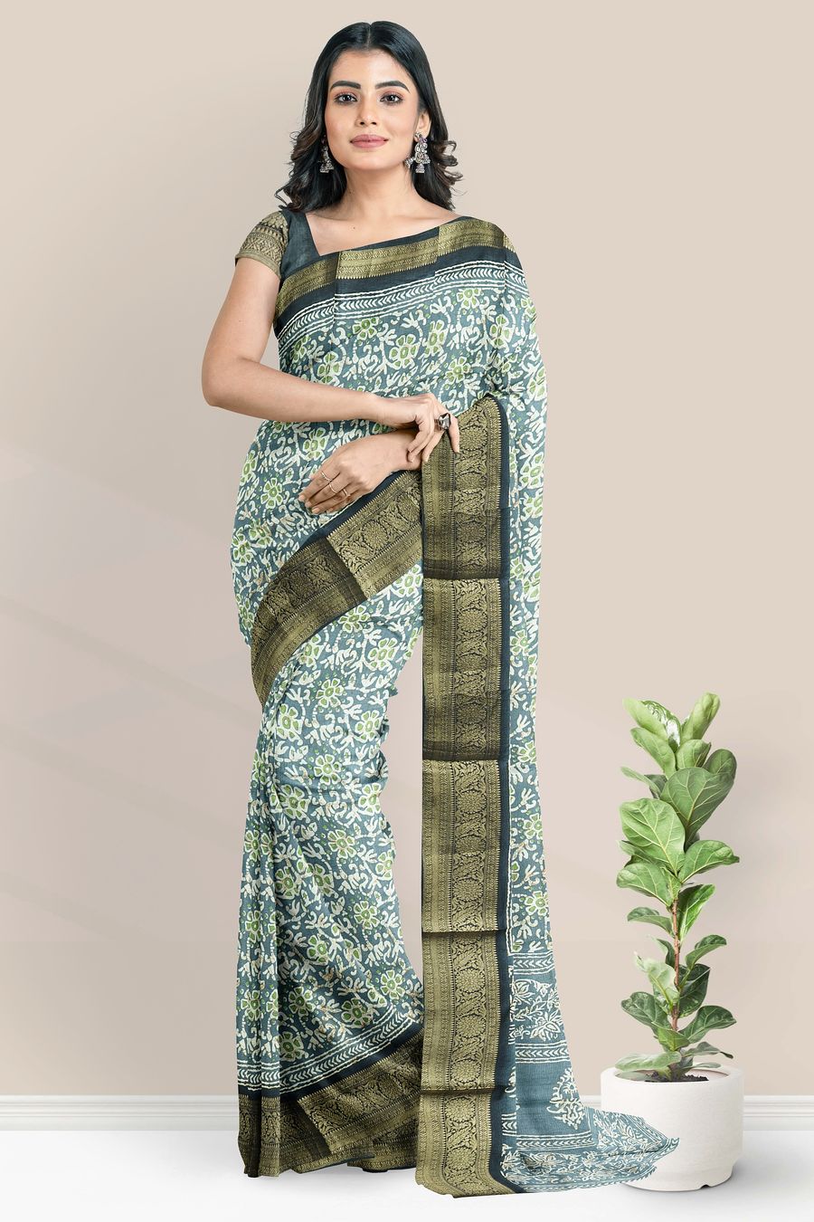 Soft Crushed Silk Batik Print Ash With Black Saree