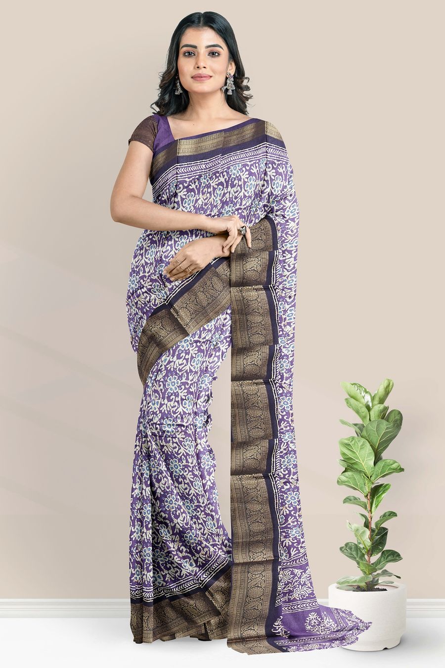 Soft Crushed Silk Batik Print Dark Lavender with Dark Purple Saree