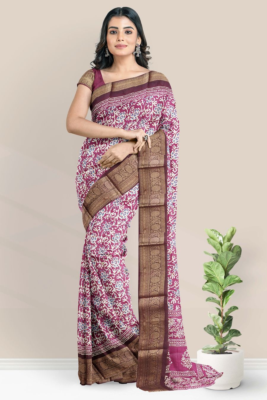 Soft Crushed Silk Batik Print Pink Saree