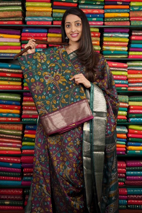 Semi Dola Silk Floral Digital Print Botle Green And Maroon Saree