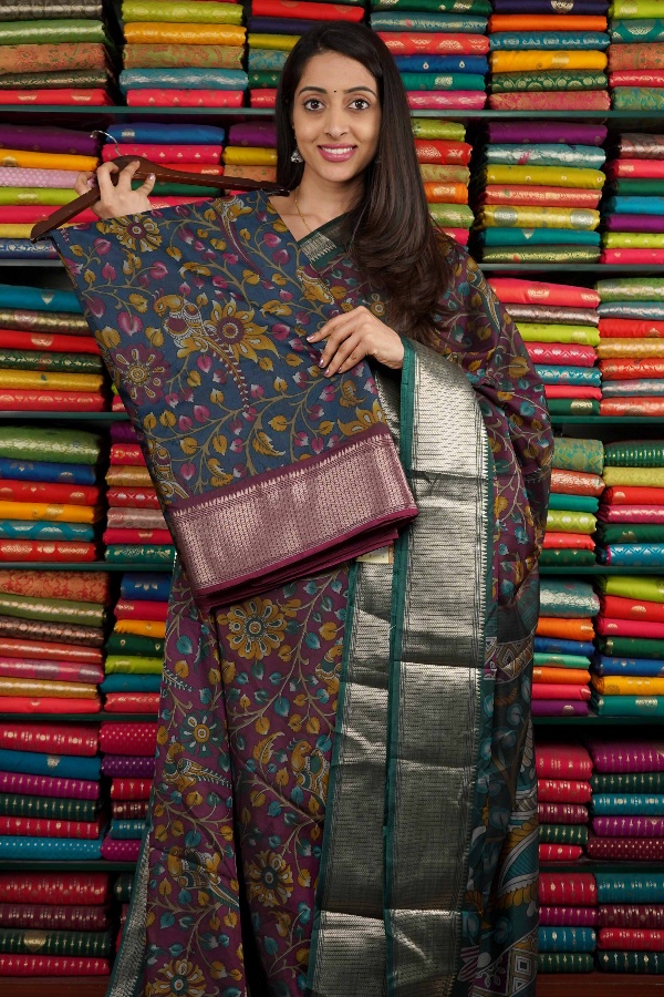 Semi Dola Silk Floral Digital Print Peacock Blue And Wine Saree