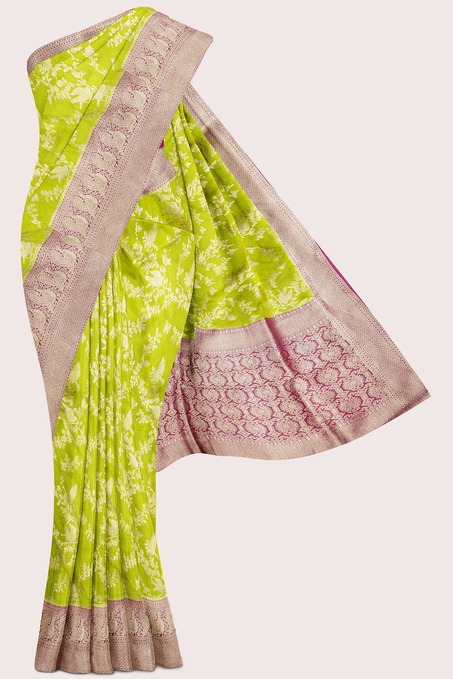 Malai Georgette AllOver Design Leafy Green With Magenta Pink Saree