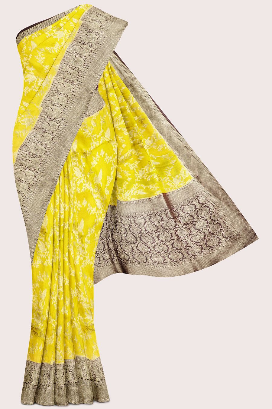 Malai Georgette AllOver Design Mustard Yellow With Brown Saree