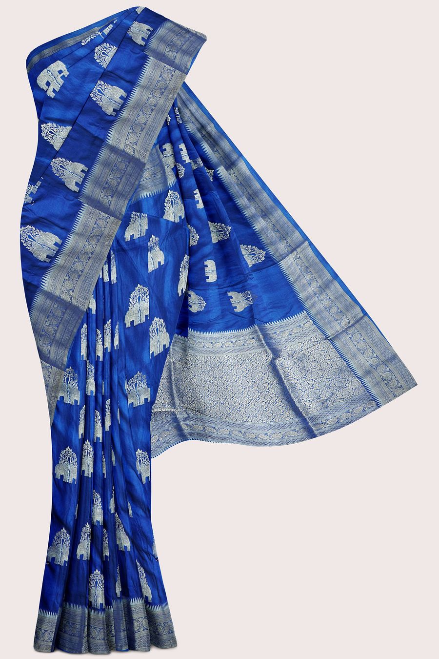 Crepe Silk Silver Zari Meenakari Butti Peacock Blue Saree