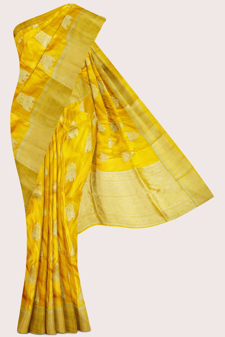 Crepe Silk Silver Zari Meenakari Butti Golden Yellow Saree