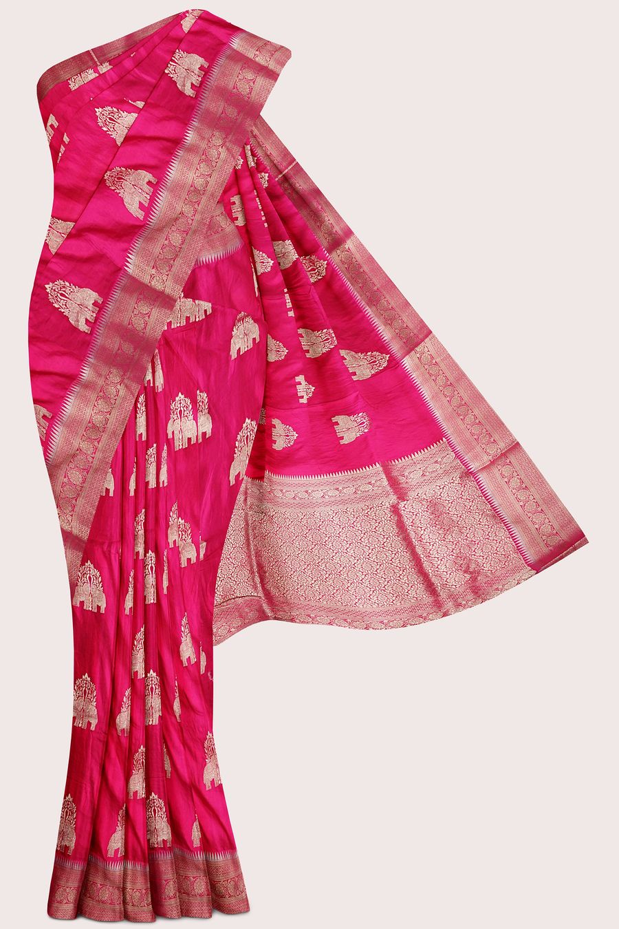 Crepe Silk Silver Zari Meenakari Butti Rani Pink Saree