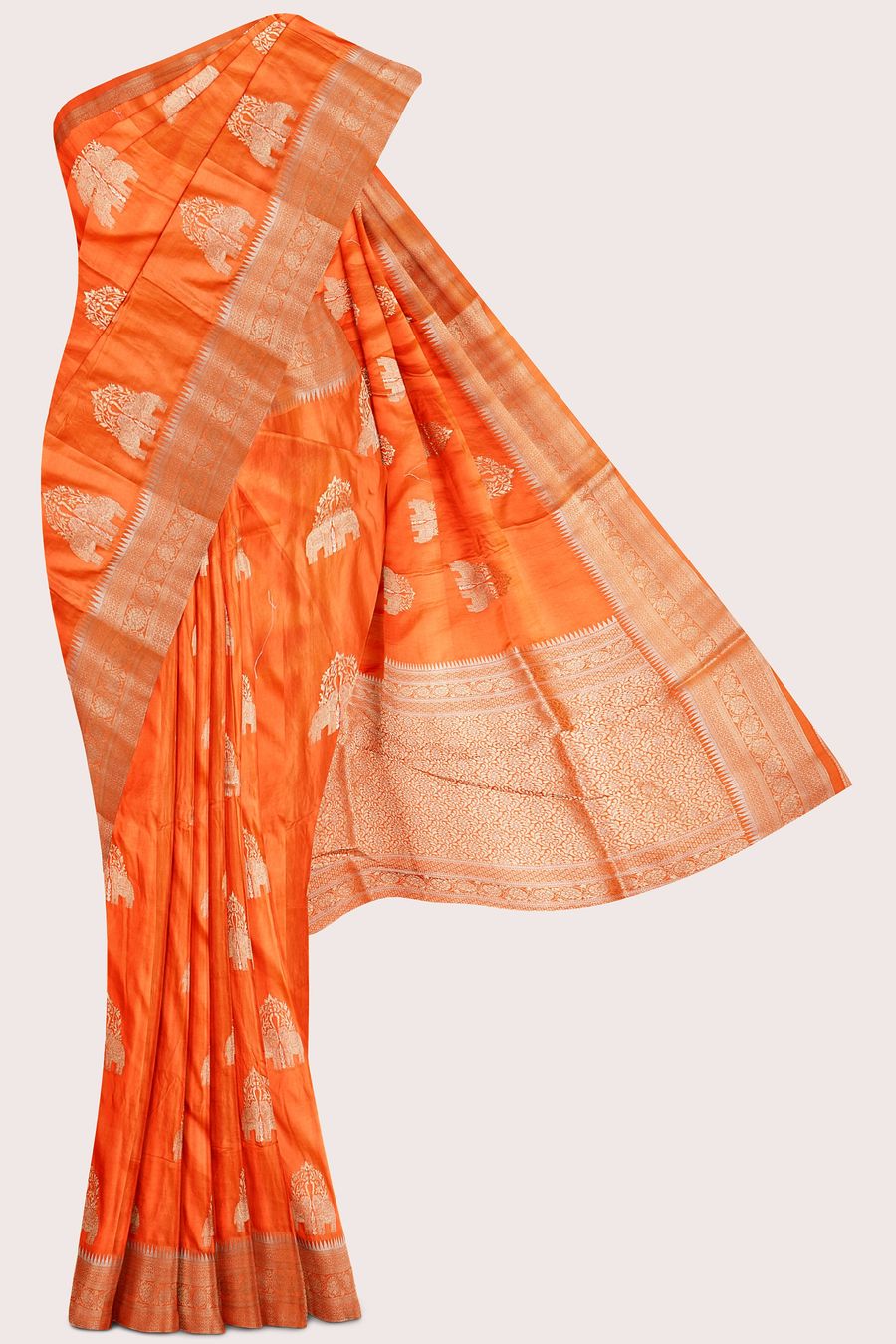 Crepe Silk Silver Zari Meenakari Butti Orange Saree