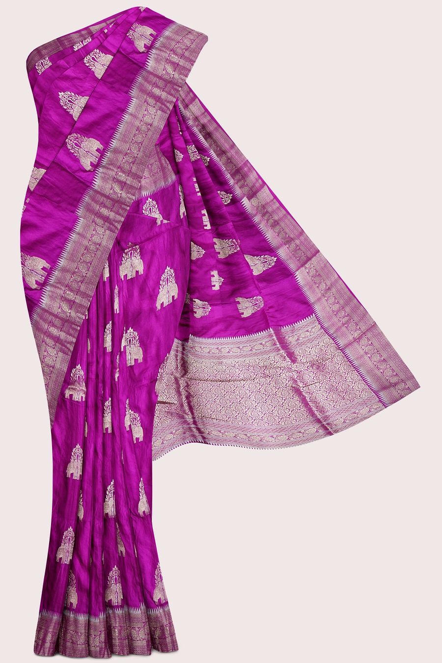 Crepe Silk Silver Zari Meenakari Butti Magenta Pink Saree