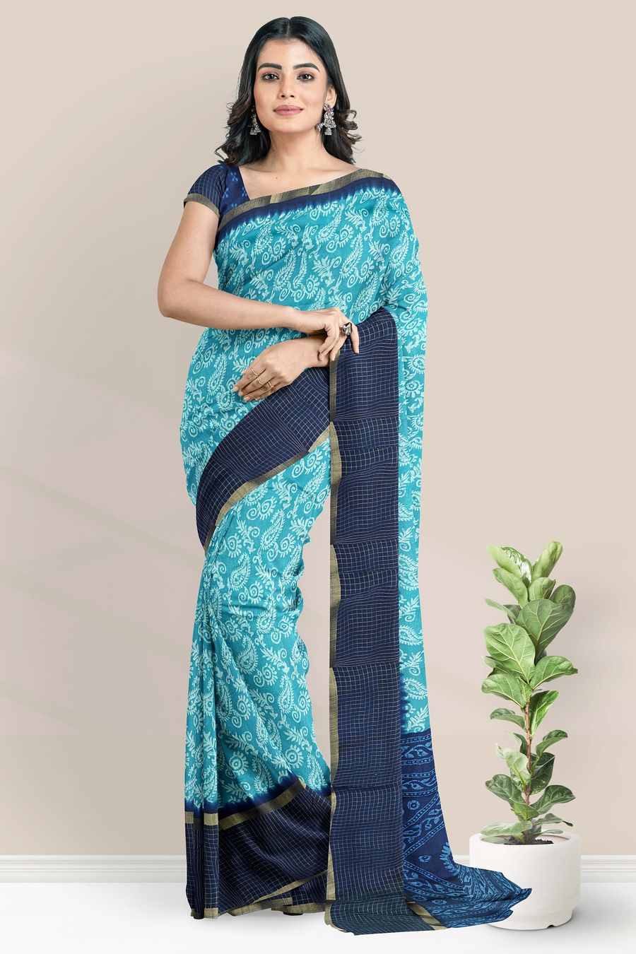 Georgette Printed Design Rama Green With Navy Blue Saree
