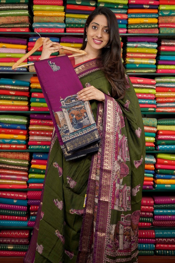 Soft Mangalagiri Kalamkari Print Wine And Dark Blue Saree
