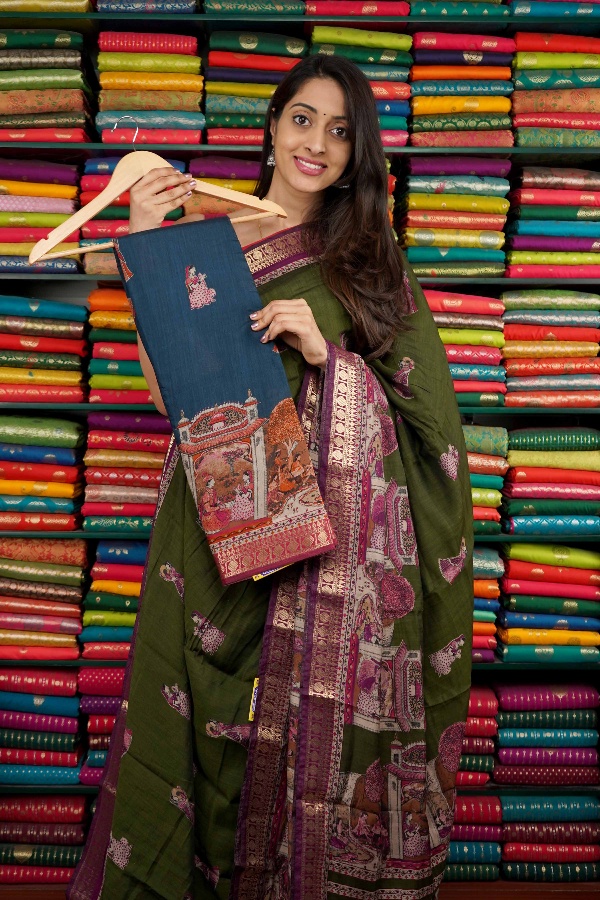 Soft Mangalagiri Kalamkari Print Peacock  Blue And Dark Pink Saree