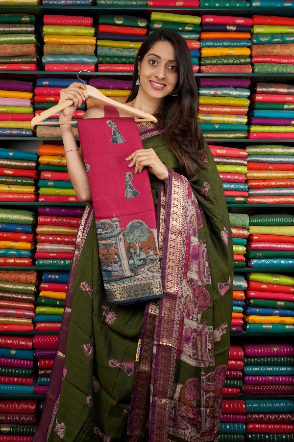 Soft Mangalagiri Kalamkari Print Pink And Green Saree