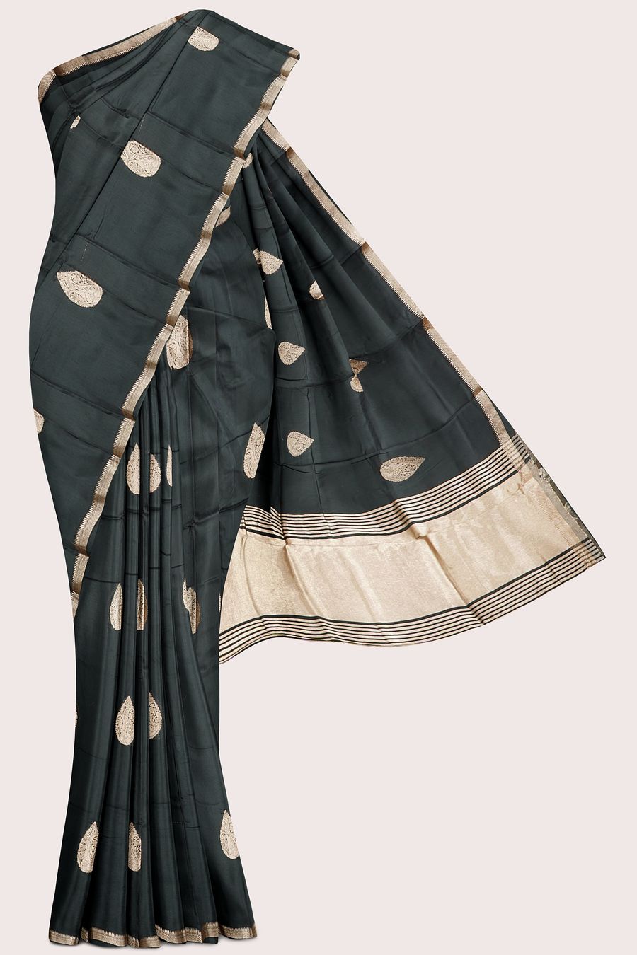 Italian Crepe Silk Zari Weaving Butta Black Saree