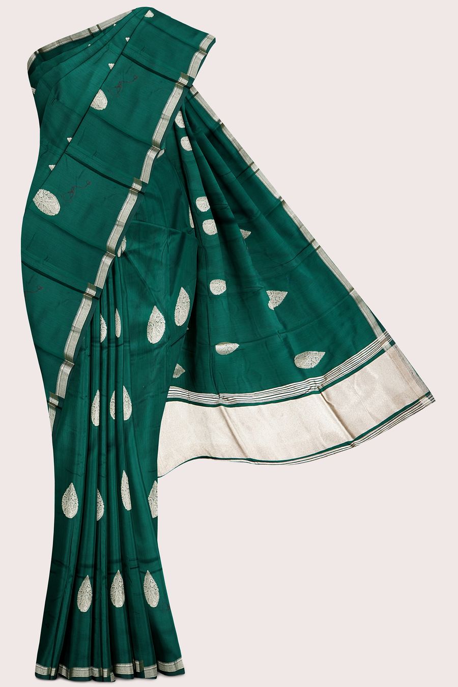 Italian Crepe Silk Zari Weaving Butta Bottle Green Saree