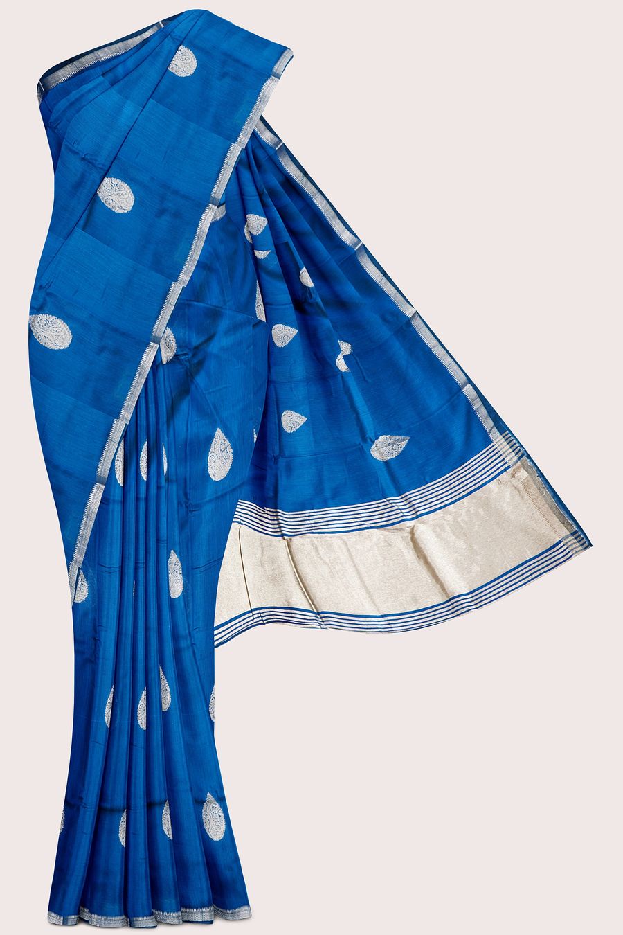 Italian Crepe Silk Zari Weaving Butta Bright Coppersulphate Blue Saree