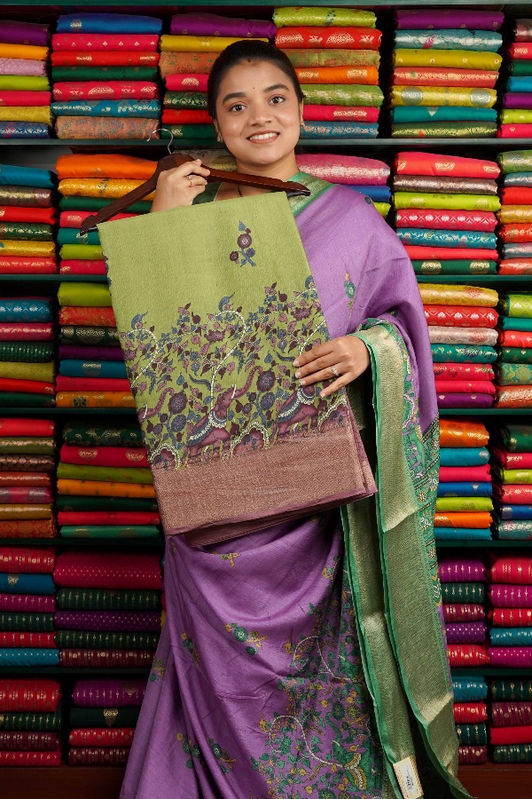 Soft Crushed Silk Print Green And Mouve Saree