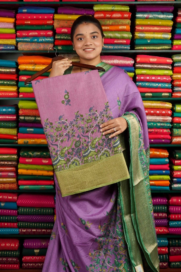 Soft Crushed Silk Print Pink And Green Saree