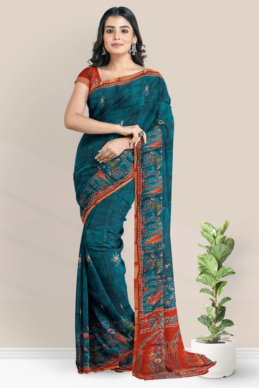 Cotton And Silk Peacock Printed Design Peacock Green With Maroon Saree