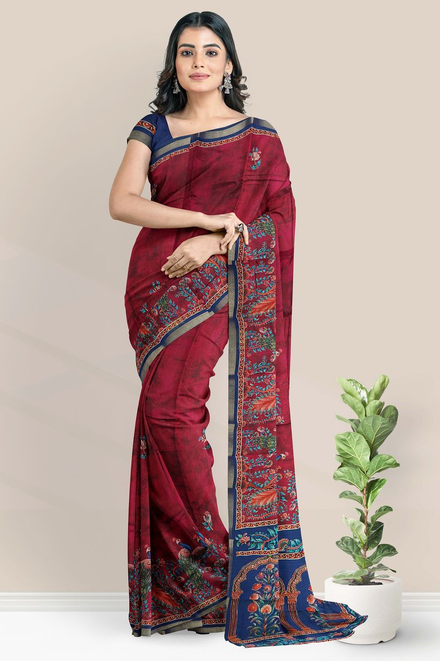 Cotton And Silk Peacock Printed Design Pink With Navy Blue Saree