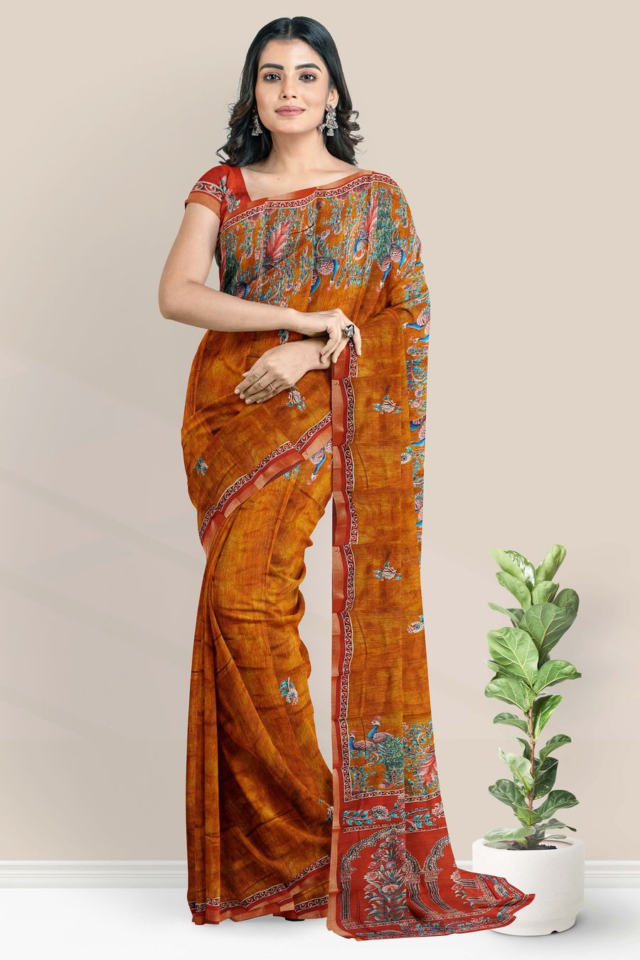 Cotton And Silk Peacock Printed Design Mustard Yellow With Maroon Saree