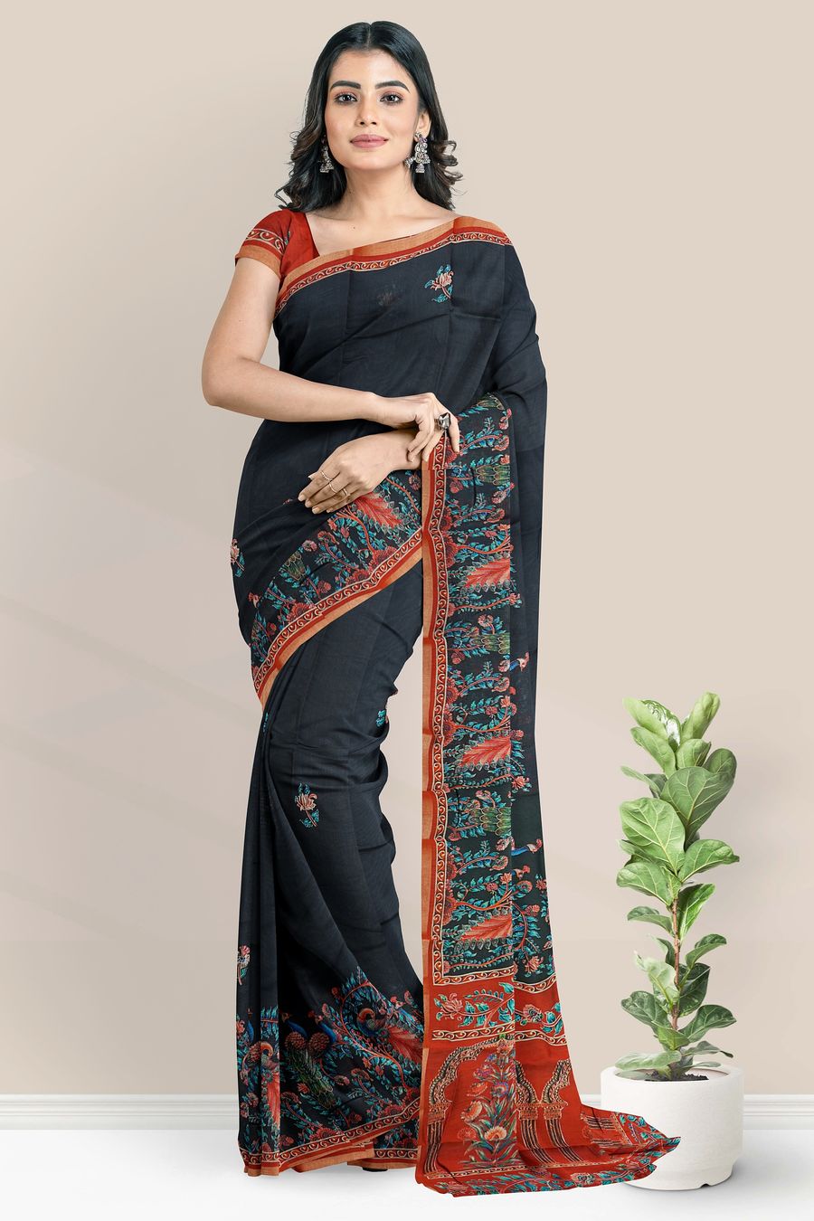 Cotton And Silk Peacock Printed Design Black With Maroon Saree