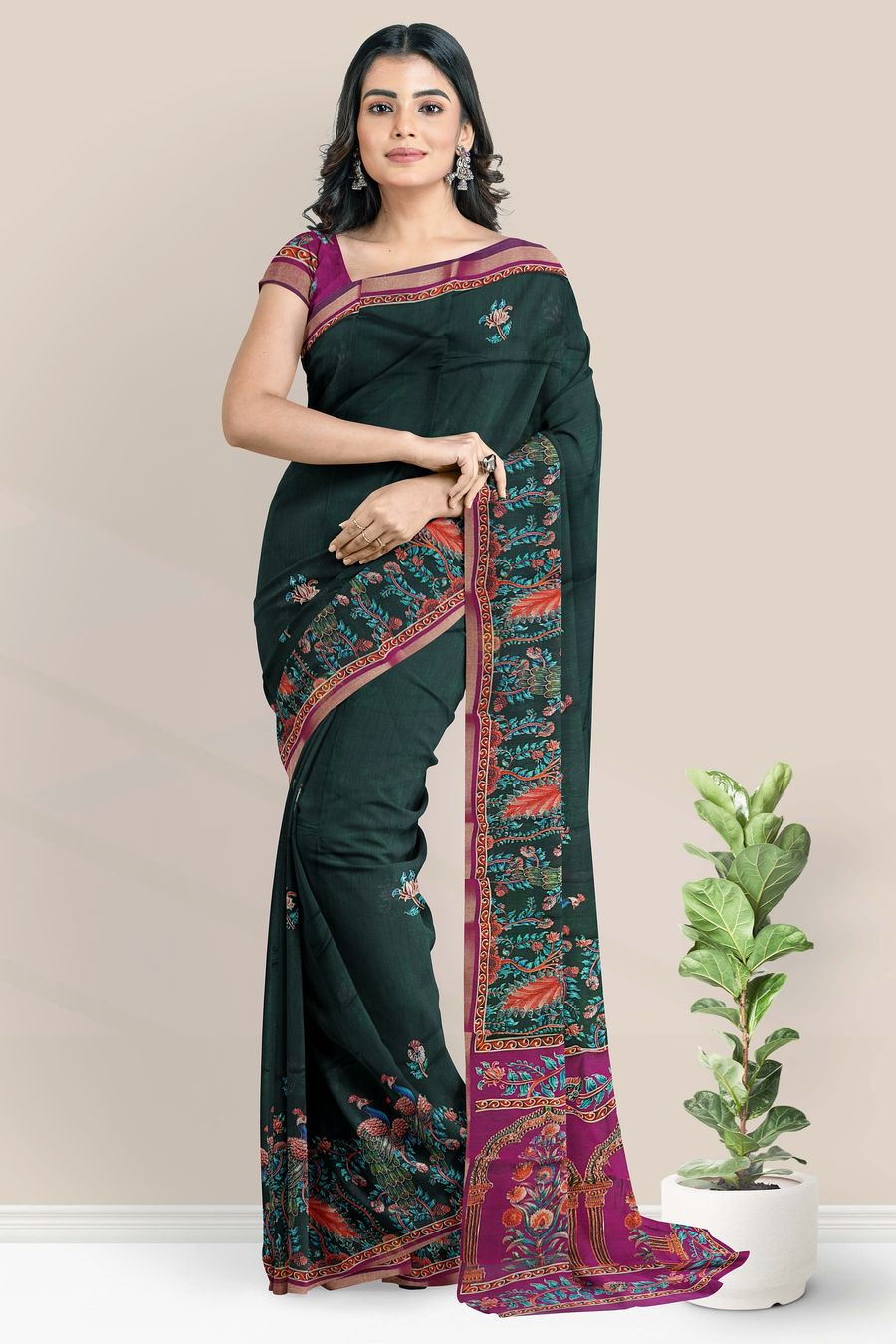 Cotton And Silk Peacock Printed Design Bottle Green With Magenta Pink Saree