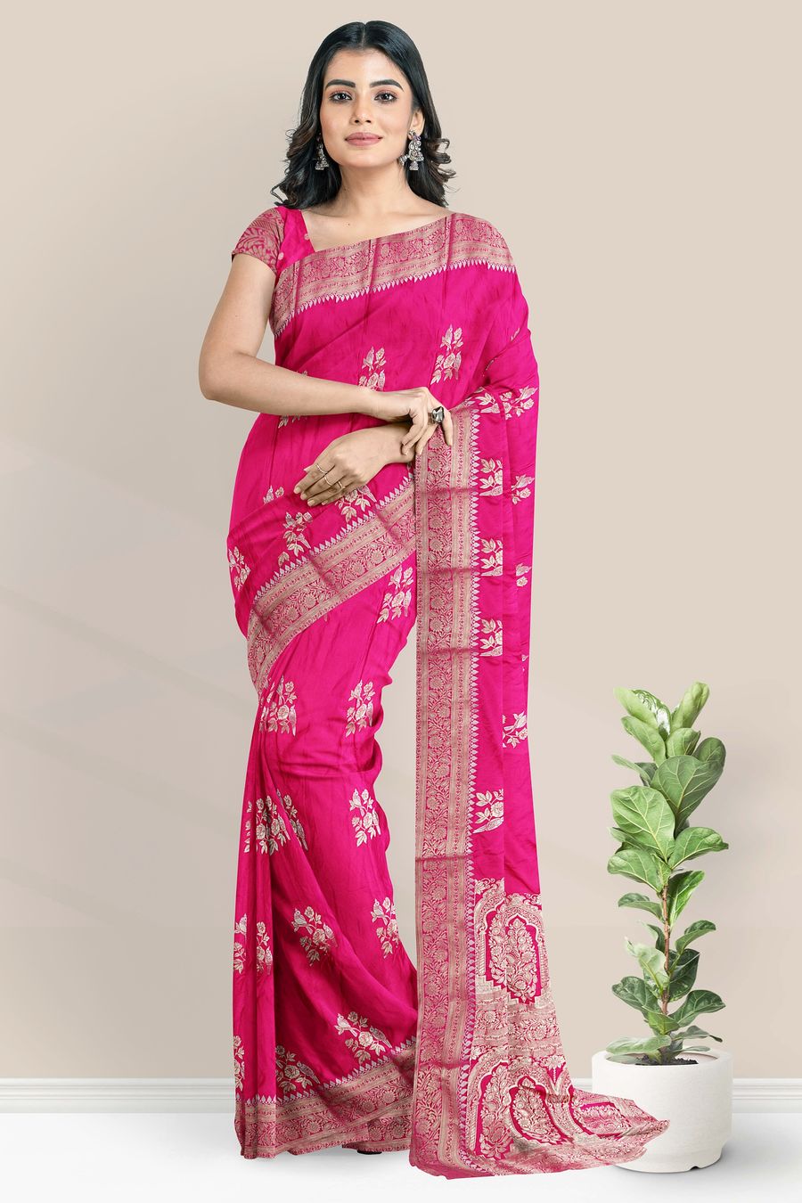 Crepe Silver And Gold Zari Weavning Butta Bright Rani Pink Saree