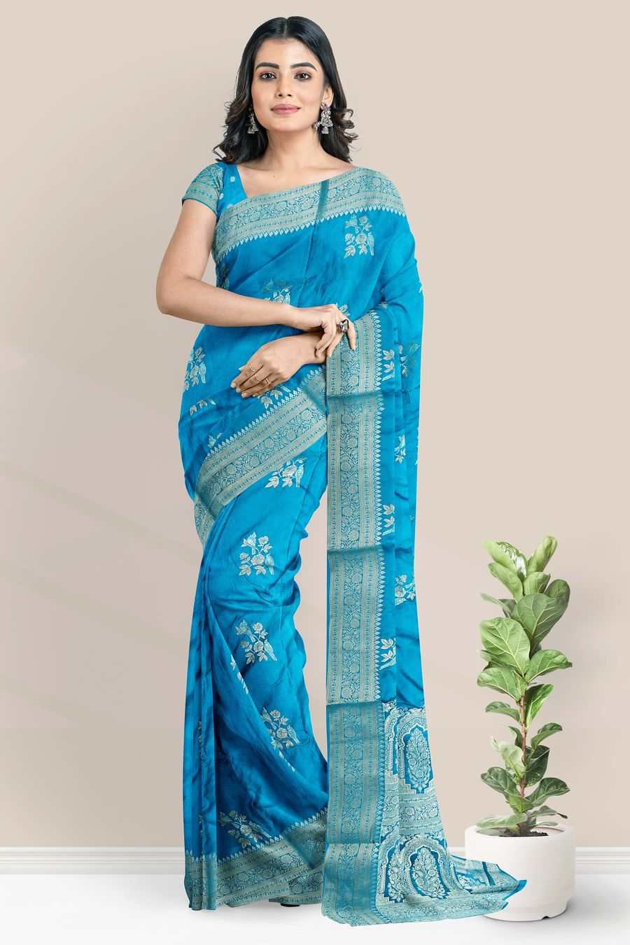 Crepe Silver And Gold Zari Weavning Butta Coppersulphate Blue Saree