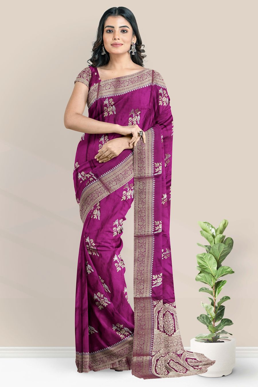 Crepe Silver And Gold Zari Weavning Butta Dark Wine Saree