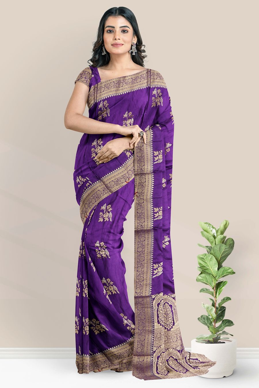 Crepe Silver And Gold Zari Weavning Butta Dark Purple Saree