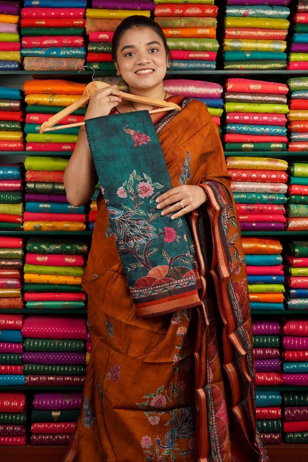 Soft Mangalagiri Silk Kalamkari Print Peacock Green And Red Saree