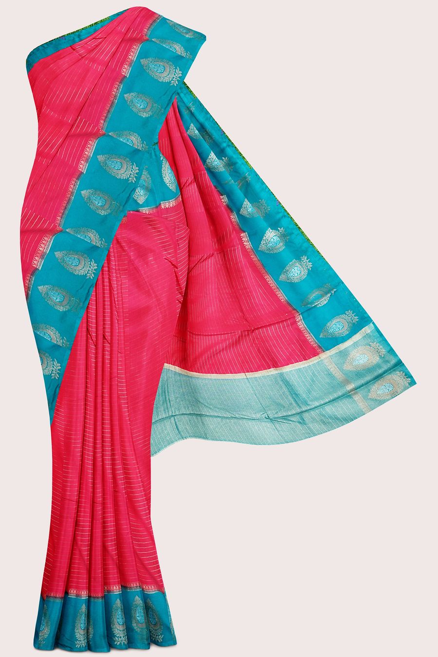Soft Doriya Silk Gold Zari Weaving Lines Pink With Rama Green Saree