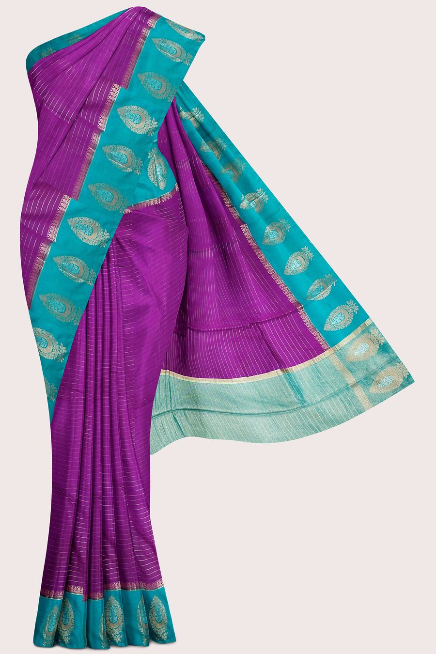Soft Doriya Silk Gold Zari Weaving Lines Brinjal With Rama Green Saree