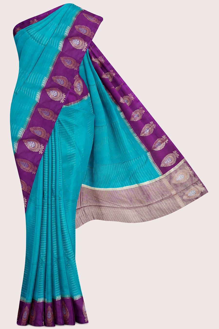 Soft Doriya Silk Gold Zari Weaving Lines Rama Green With Magenta Pink Saree