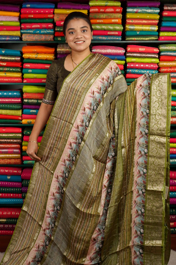 Crepe Dola Silk Digital Print Green Saree