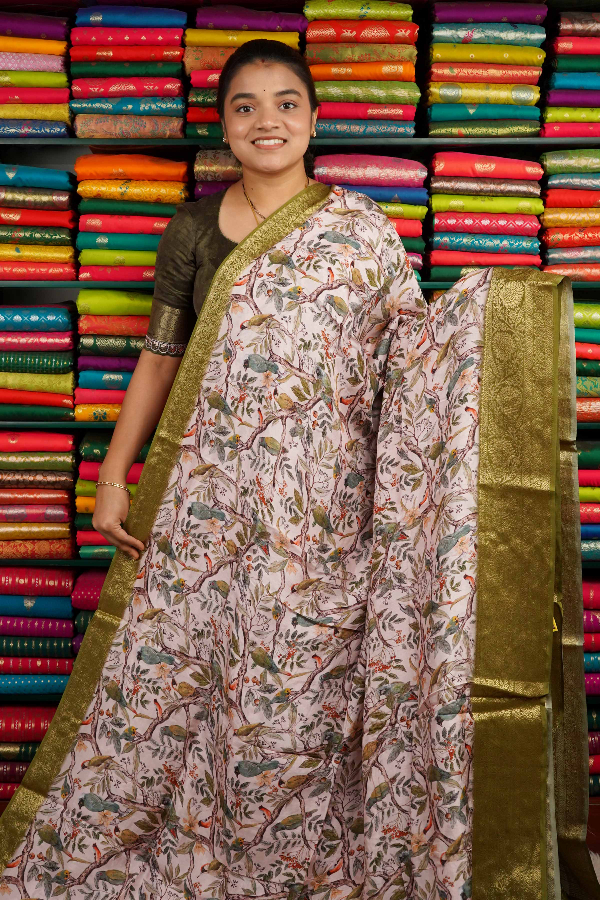 Crepe Dola Silk Digital Print Light Pinkish Cream And Green Saree