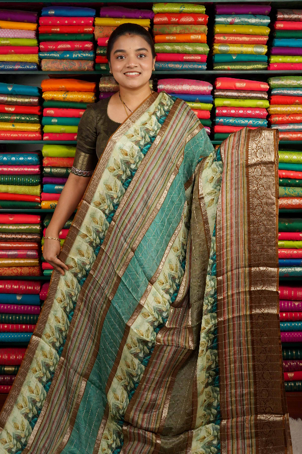 Crepe Dola Silk Digital Print Rama Green And Brown Mix Saree